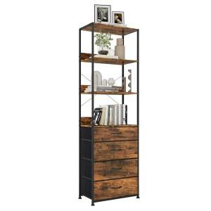 4개의 서랍이 있는 4단 책장, 다기능 오픈 거실용 수납 선반 서랍장, 사무실, 침실, 주방, 무료 서랍 칸막이(러스틱 브라운)