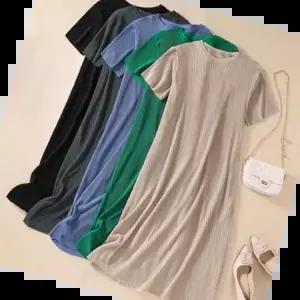 50대여성주름원피스 빅사이즈 여성 라운드 골지 여름 치마 주름 롱 원피스