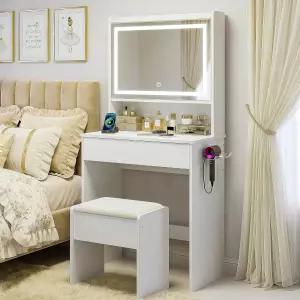 조명이 켜진 거울과 충전소가 있는 RIHHA 작은 화장대 상단 선반과 숨겨진 수납 공간이 24인치 화이트