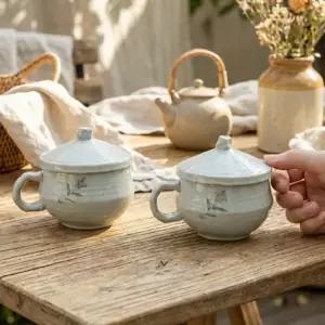 이천도자기 꽃잎 부부 뚜껑 커피잔 세트 선물용 찻잔 다기 다도구