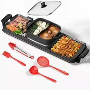 Buisopt 2250W 전기 그릴 및 전골 콤보 청소하기 쉬운 듀얼 존 온도 조절이 가능한 29 x 9.5 인치 무연