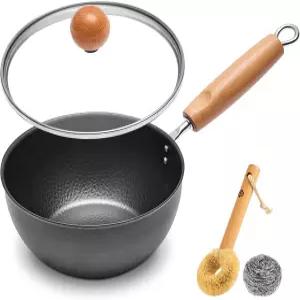 왕위안지 뚜껑 달린 1.5QT 철 냄비 라면 끓이기용 망치 우유 캠핑 및 보관용 탈착식 나무 손잡이 코팅되지