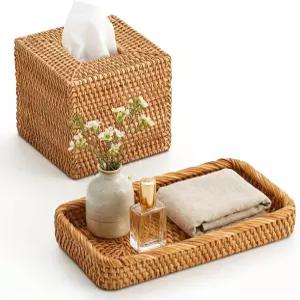 타이니유 2개 라탄 화장실 배니티 트레이 사각 티슈 박스 커버 세트 손으로 짠 내추럴 위커 조리대 정리함