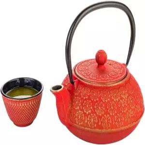 레스토랑웨어-30온스 일본 찻주전자 에나멜 코팅 차 주전자 1개 - 벚꽃 디자인 메쉬 스트레이너 레드