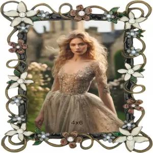 구탕겐 4x6 빈티지 플라워 액자 앤티크 메탈 레트로 홈 데코 투명 유리 전면 여성 결혼식 어머니의 날을