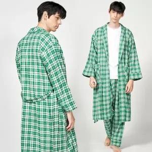 [하프클럽/알콩단잠]체크가운 기모선염 순면 나이트 남성로브 잠옷가운 (그린)