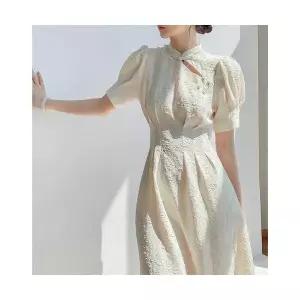 여성 화이트 빈티지 스커트 치파오넥 조거 원피스 롱 스포M1