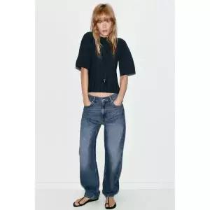 ZARA 벌룬 슬리브 리브드 니트 탑 - 네이비 {QHJ}