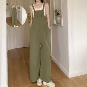 트렌디 스타일 여자 핀턱 와이드핏 멜빵 더블 바지