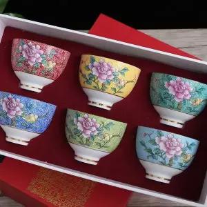 [콩심팥심]레트로 플라워 다기 찻잔 6p세트 80ml 작약 사케잔 도