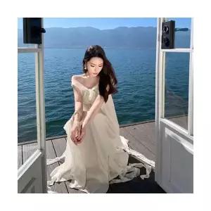 여자 예쁜 쉬폰 원피스 바캉스룩 톱 스커트 일자 숄더 언밸런스 롱 SPO마켓1