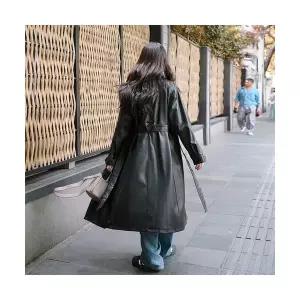 여자 셀럽 가죽 코트 블랙 스트링 pu 트렌치 가을 빈티지 롱 SPO마켓3