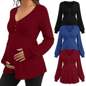 Cutecrop 3팩 여성용 임산부 상의 긴소매 튜닉 블라우스 드레시 골지 브이넥 셔츠 겨울용, 와인 레드, 라이트 블루, 블랙,