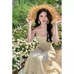 여자 레이어드 레이스 원피스 부드러운 크림 계열 봄 허리 펀칭 나시 롱 스커트 SPO마켓1