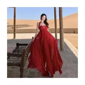 EAMT 여성 비치 바캉스 롱 스커트 홀터넥 나시 언발 시폰 원피스 YJ1