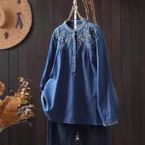 여자 무지데님 셔츠 봄 면 자수 차이나 데님 루즈핏 긴팔 빈티지 풀오버 원픽1