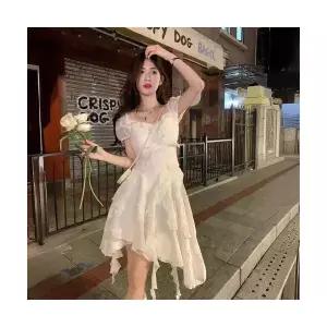 에네로 여자 쉬폰 시폰 원피스 프렌치 티 휴식 첫사랑 언밸런스 프릴 화이트 여신기초센센계 해변 바캉스 U