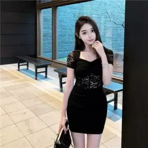 EAMT 여자 레이스 원피스 넥 펀칭 슬림 힙 나사 EUNG1