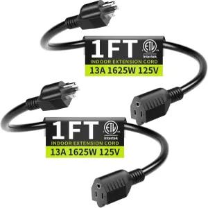 짧은 연장 코드 1FT 2팩 노트북 커피 메이커 사무용 가전제품용 16AWG 블랙 전원 실내용 3프롱 소형 케이블