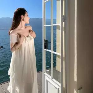 세군다 여자 쉬폰 시폰 원피스 바캉스룩 탑 스커트 일자 숄더 언밸런스 롱 DOS1