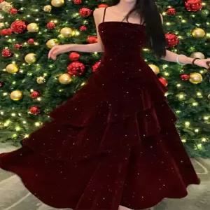 세군다 여자 쉬폰 시폰 원피스 프렌치 레드 벨벳 핀턱 크리스마스 드레스 DOS1