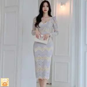 여성 겨울 벌룬 레이스 원피스 하프 펀칭 가을 힙업 네임 ADOR3