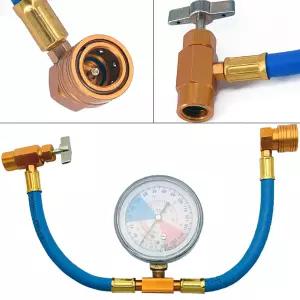 LIYYOO R134a AC 냉매 충전 호스 키트 측정 압력 게이지 및 1/2인치 Acme 캔 오프너 탭 디스펜싱 밸브 장착