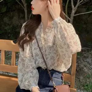 여자 루즈핏 롱슬리브 플라워 쉬폰 블라우스