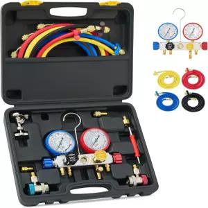 오리온 모터 테크 4방향 AC 진단 매니폴드 게이지 세트 R134A R410A 및 R22 냉매 5FT 호스 3개의 탱크