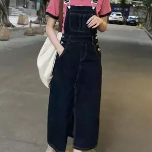(올핀)데님 멜빵원피스 롱기장 H라인 앞트임 끈조절
