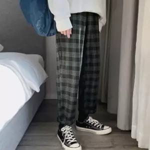 [의류] 롤업 츄리닝 통 면 긴바지 밴딩 오버핏 면팬츠 체크무늬 슬랙스