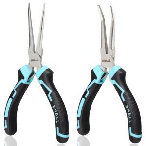 SHALL 6인치 미니 니들 노즈 플라이어 세트, 2PCS 롱 및 편안한 그립 핸들이 있는 구부러진 플라이어, 주얼리 제작, 와이어 굽힘, 공예, 가정 수리를 위한 비세레이션 소형