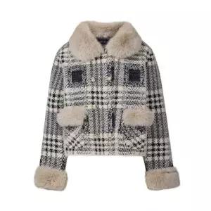 인베스트 퍼 트리밍 배색 체크 니트 코트_IN5W1CT1581