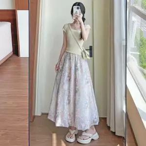 스커트 롱 캐주얼 중기장 솔리드 레이스 A라인 밴딩 꽃봉오리 여자쉬폰스커트 ible1