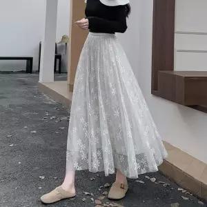 스커트 롱 여성용 가을 데일리 쉬폰 자수 레이스 케이크 볼륨 SPO마켓3