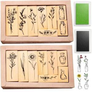 공예용 18개 스탬프, 2가지 스타일 식물 고무 녹색 및 검은색 잉크 나무
