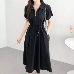 반팔원피스 카라 집업 원피스 허리 스트링 셔링 A라인핏 오피스룩