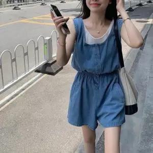 시원한여름코디 민소매 나시 허리밴딩 데님컬러 점프수트 여름 코디