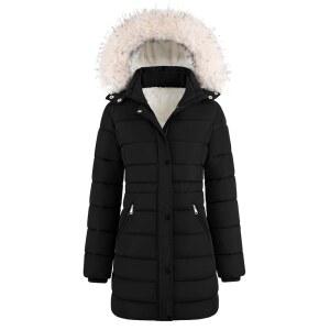 위푹스 여성용 겨울 두꺼운 플리스 안감 패딩 코트 중간 길이 다운 재킷과 탈부착 가능한 인조 모피 후드, 따뜻한 스노우 파카