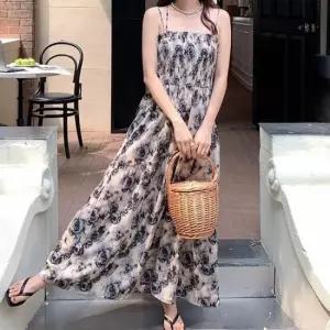 반팔원피스 플라워 패턴 쉬폰 끈나시 원피스 스모크밴딩 바캉스룩