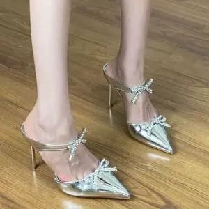 EAMT 여성용 여름 실버 슬리퍼 웨지힐 반 에나멜 하이힐 스틸레토 큐빅리본 샌들 YJ5