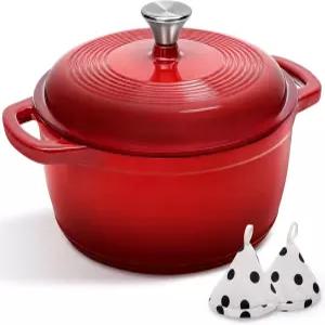 뚜껑이 있는 에나멜 주철 더치 오븐 냄비 - 면 포트홀더로 빵을 굽는 AIVIKI 5QT 브레이징 스튜 로스팅