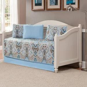 럭셔리 홈 컬렉션 5피스 데이베드 퀼팅 리버서블 커버렛 침대 스프레드 세트 플로럴 프린트 블루 타우페