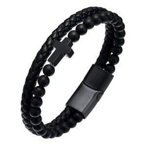 남성 크로스 비즈 땋은 정품 가죽 팔찌 블랙 젬스톤 아가트 오닉스 로즈 오브시디언 뱅글 신앙 종교 부활절 가톨릭 기독교 성찬 세례 크리스마스 주얼리 선물