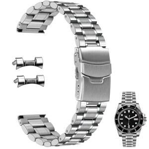준탄 20mm 22mm 스테인리스 스틸 시계줄 남성 곡선형 끝 스트레이트 엔드 금속 스트랩 퀵 릴리스 교체 팔찌 더블 폴딩 버클 실버