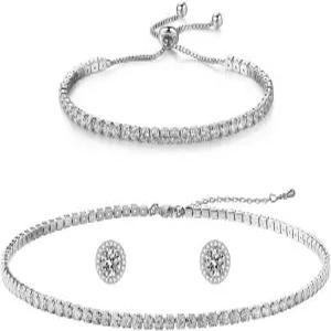 신부 귀걸이 무도회 들러리 주얼리를 위한 여성용 실버 테니스 목걸이 및 팔찌 세트