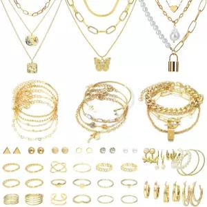 NEWITIN 93피스 여성 패션 의상용 골드 주얼리 세트 도금 이어 커프스 목걸이 팔찌 반지 귀걸이 여성용