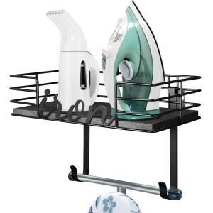 TJ.MOREE 다리미판 걸이 벽걸이 - 세탁실 다리미 및 홀더, 대용량 수납 블랙 나무 베이스 바구니와 탈착식 후크가 있는 금속 벽걸이(블랙)