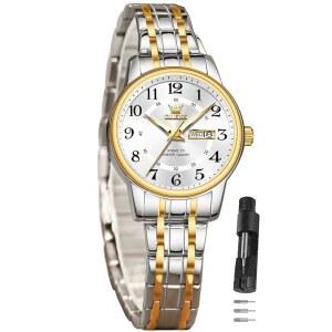 OLEVS Watch 여성 투톤 시계 데이트 원피스 작은 손목용 고급 이지 리딩 방수 블루 / 블랙 골드 실버 다이얼 릴로지 파라 무저