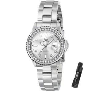 OLEVS 여성 우아한 원피스 다이아몬드 아날로그 쿼츠 시계 투톤 스테인리스 스틸 방수 야광 손목시계